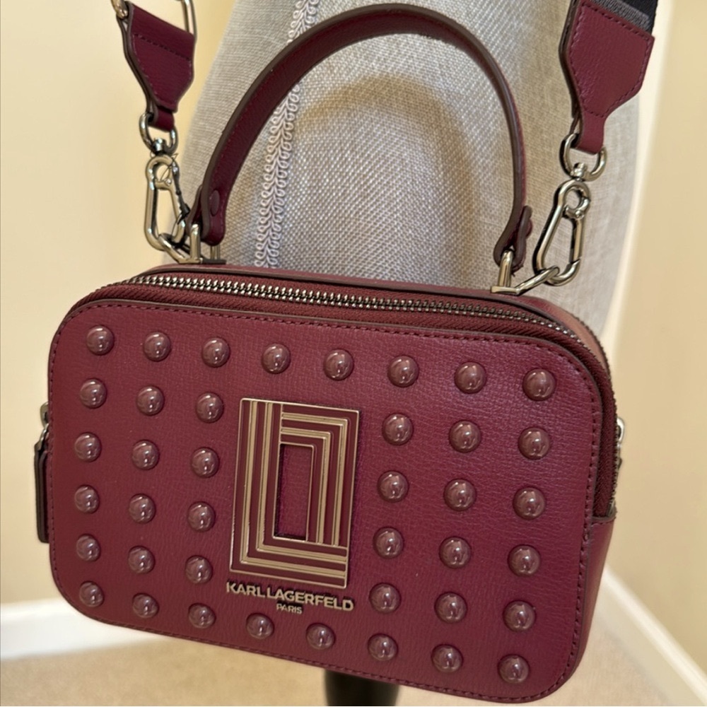 New Karl Lagerfeld Burgundy Studded Crossbody Bag w/two zip compartments.
